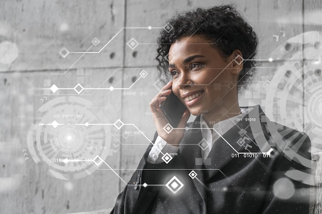 Businesswoman talking phone and binary technology hologram Double exposure Security network concept