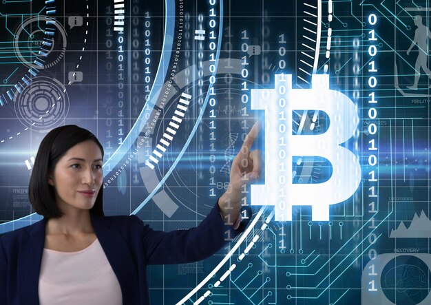 Businesswoman touching bitcoin graphic icon