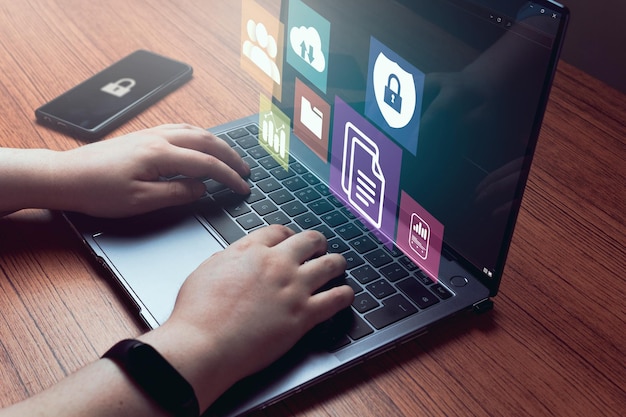 Businesswoman using a computer to document management System concept Digital administration