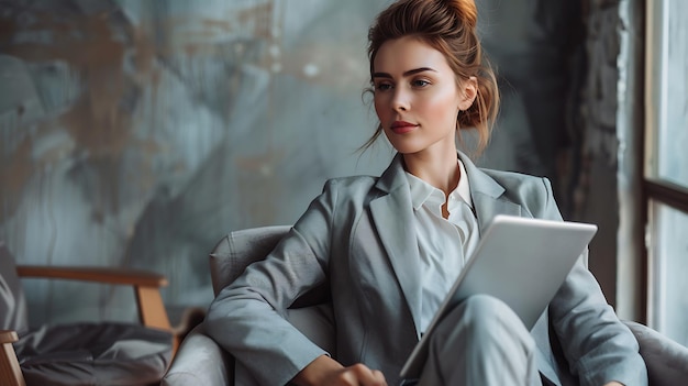 Photo businesswoman using digital tablet while seated in modern office chair