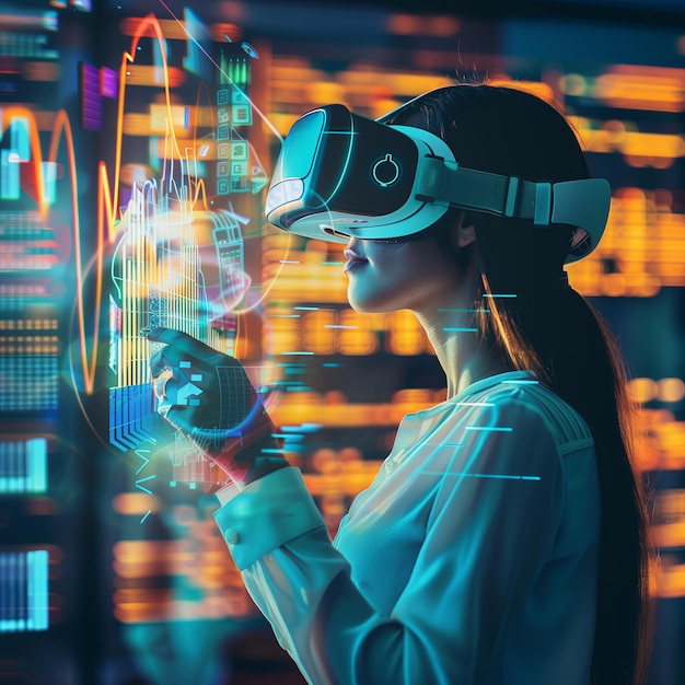 Businesswoman using futuristic virtual reality glasses engages with data and information in modern