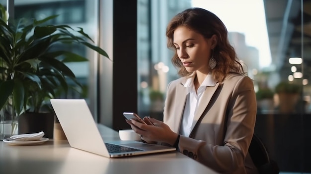 Businesswoman using laptop near lamp on table in office