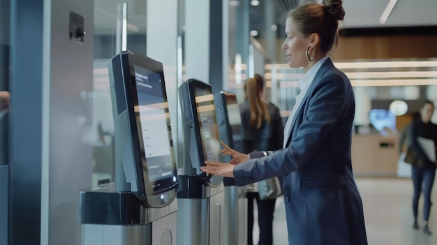 Photo businesswoman using self service interactive kiosk terminal in airport