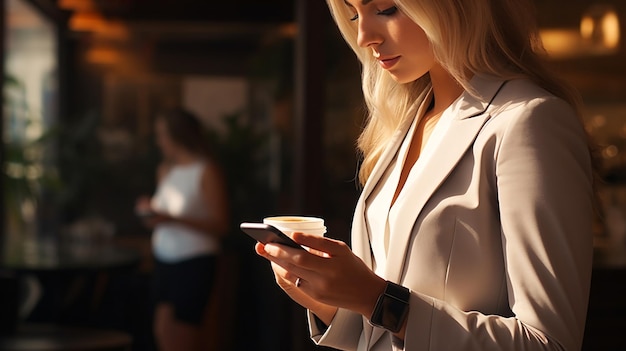 businesswoman using smart phoneclose up on hand s view back over shoulder Generated AI