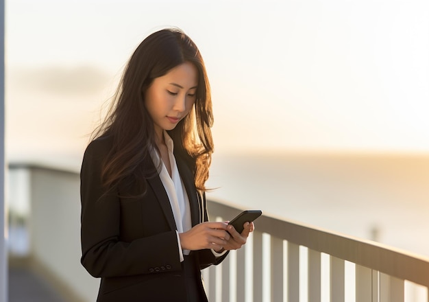 Businesswoman Using Smartphone at Sunset