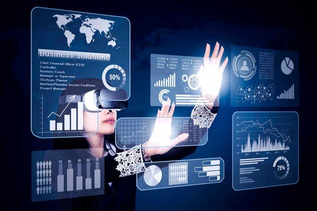 Businesswoman using VR futuristic augmented reality touch screen application