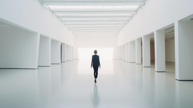 Businesswoman walking in empty exhibition hall Illustration AI GenerativexA