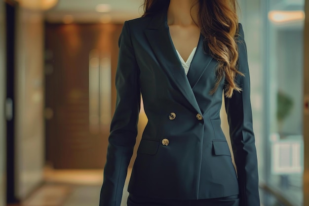 Photo businesswoman walking in office hallway wearing blue suit