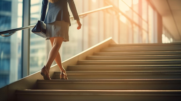 businesswoman walking on stairs mixed media