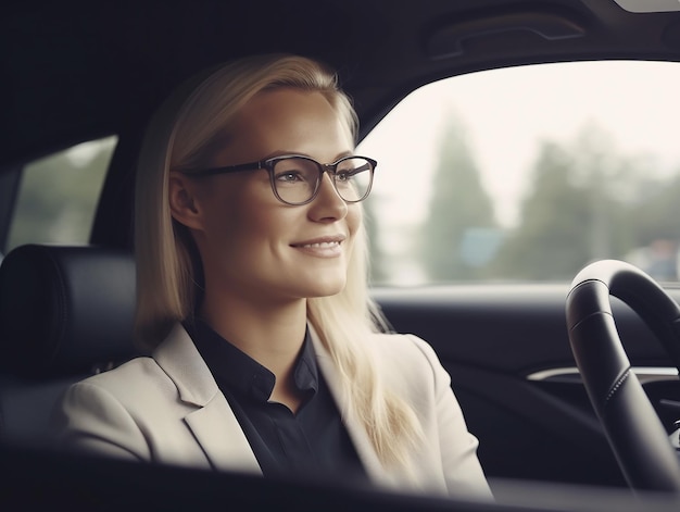 Businesswoman wearing Glasses Driving Car with Optimistic Spirit and a Happy Smile