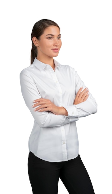 Businesswoman in white shirt arms crossed isolated over white background