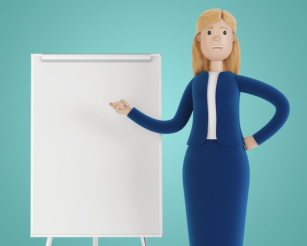 Businesswoman with blank flipchart Woman in business clothes employee of the company 3d illustration in cartoon style