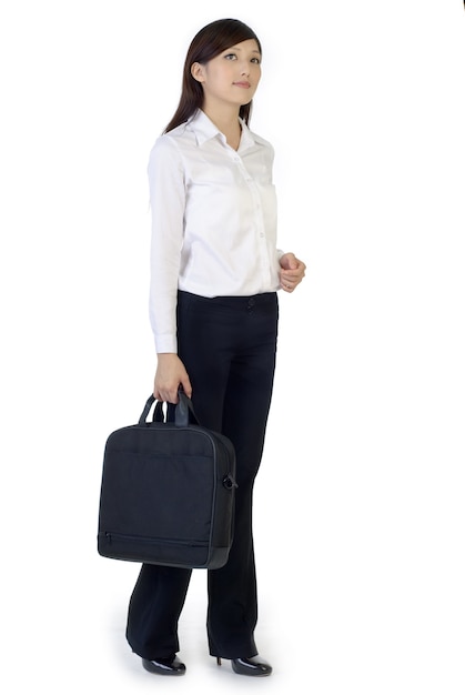 businesswoman with briefcase, full length portrait of oriental office lady isolated.