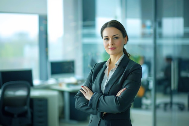 Businesswoman with crossed arms with simple smile confident corporate suit wearing