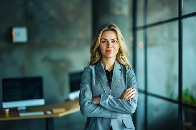 Businesswoman with crossed arms with simple smile confident corporate suit wearing