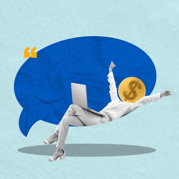 A businesswoman with the head of the golden dollar coin with a laptop leaning on a speech bubble