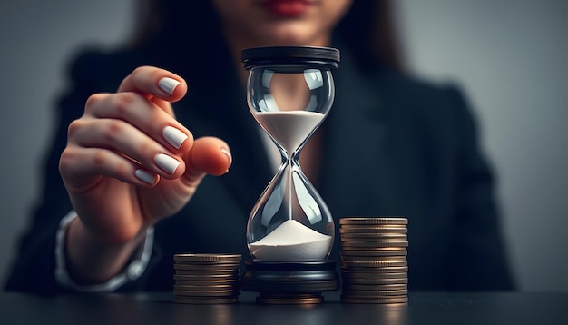 Businesswoman With Hourglass And Stack Of Coins isolated with white highlights