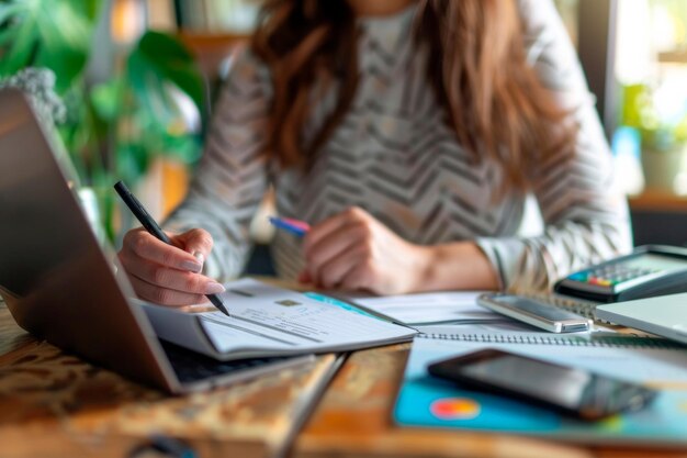 Photo businesswoman working on financial documents in office during daytime