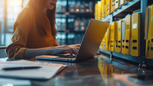 Businesswoman working on a laptop computer to document management online documentation database digital file storage system software records keeping database technology file access doc sharing