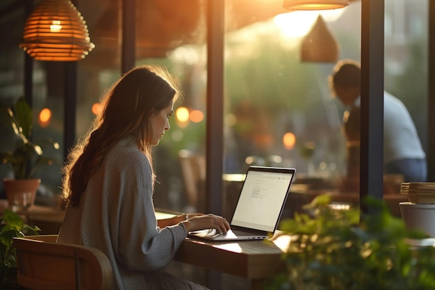 Businesswoman working on laptop on sunny weather outside window with Generative AI