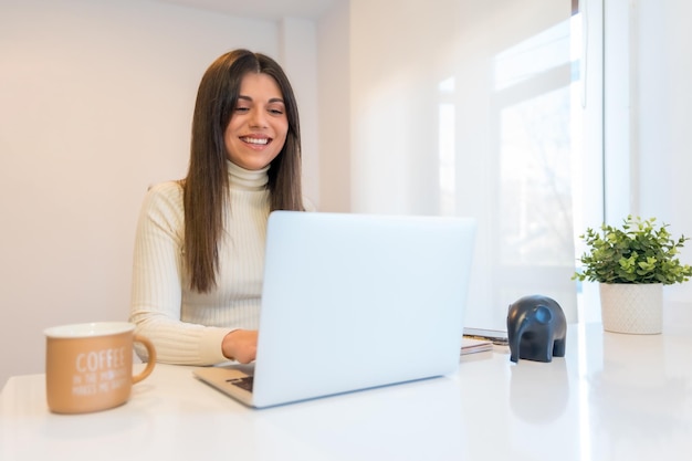 Businesswoman working with a computer smiling business home office telecommuting