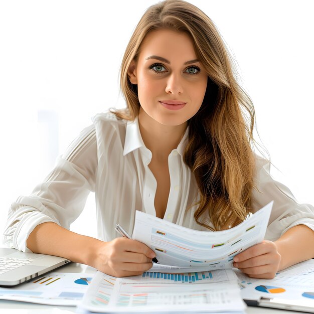 Photo businesswoman working with data spreadsheet documents at workplace isolated on white background