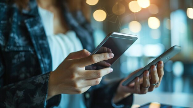 Photo businesswomans hand using a mobile smartphone highlighting modern communication and technologys r