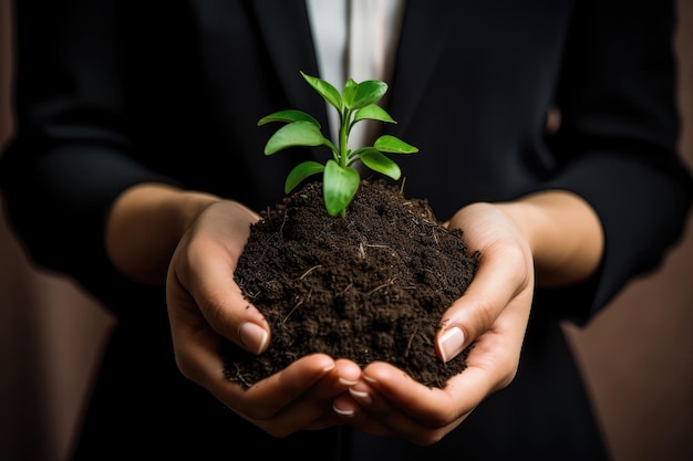 Businesswomans Hands Hold Pile Of Earth With Green Sprout In It Green Business Or Agriculture Campaign Concept Generative AI