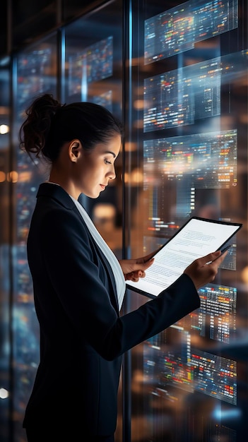 Businesswomen check electronic documents on digital documents on virtual screen