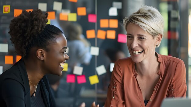 Businesswomen discussing their ideas using sticky notes