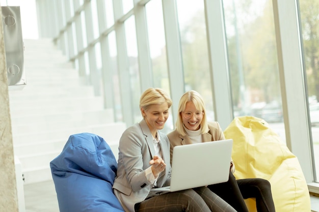 Businesswomen using laptop computer on lazy bags in the modern office