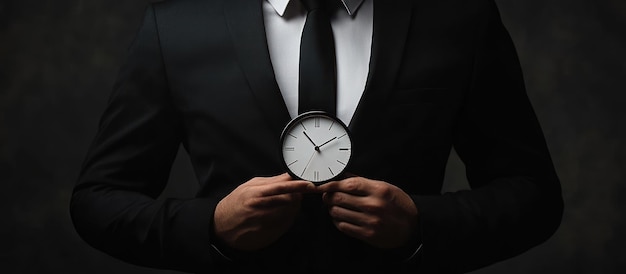 Photo bussiness man in suit holding clock hand on reflection surface stop time concept deadline