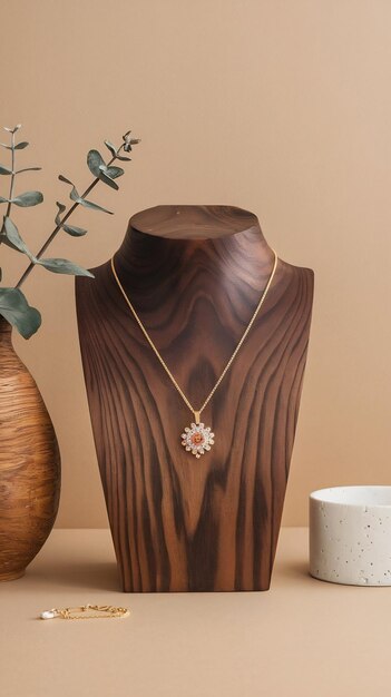 Photo bust showcase jewelry display for necklace pendant in beige background wooden stand holder