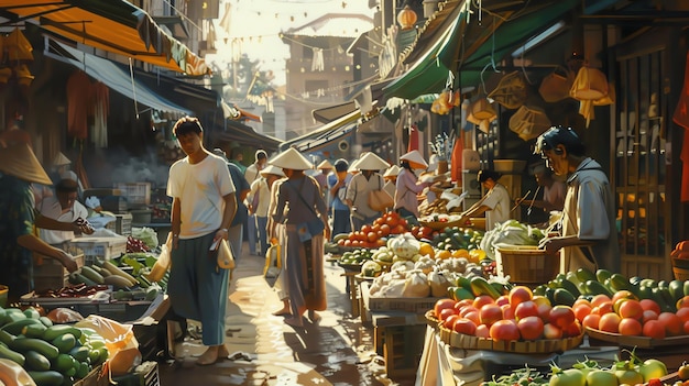 A bustling Asian market with people buying and selling fresh produce The market is full of color and life