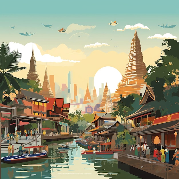 Bustling Bangkok A Colorful Cityscape Illustration