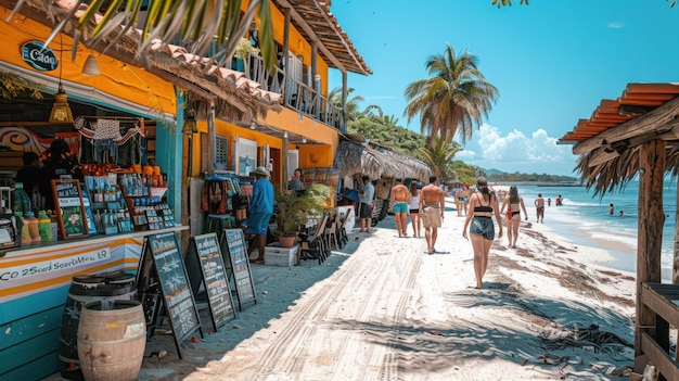 Bustling Beachside Market Vibrant Stalls People Shopping Sunny Photography Scene