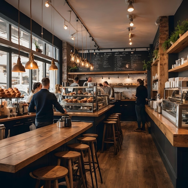 A bustling caf filled with patrons enjoying their coffee and pastries baristas skillfully preparing