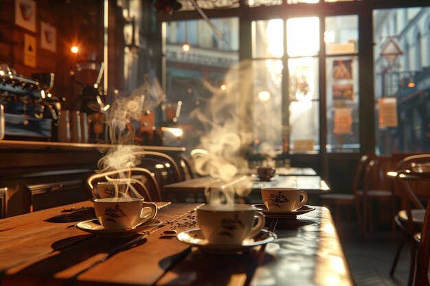 A bustling cafe with steaming cups of coffee