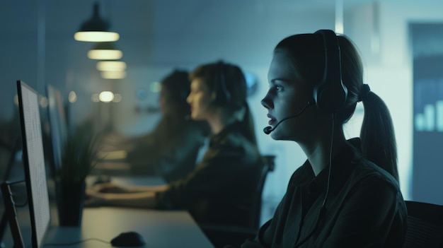 Photo a bustling call center with focused operators wearing headsets illuminated by soft blue light creating a modern and efficient working environment