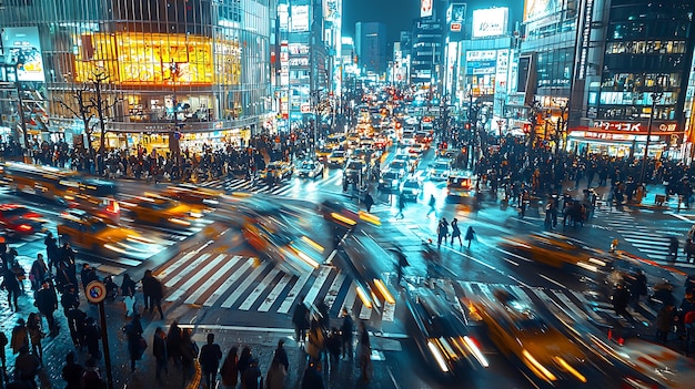 Photo bustling city crosswalk at night with reflections from rainsoaked streets