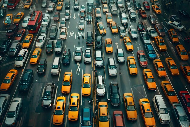 Photo a bustling city intersection filled with yellow taxis and traffic