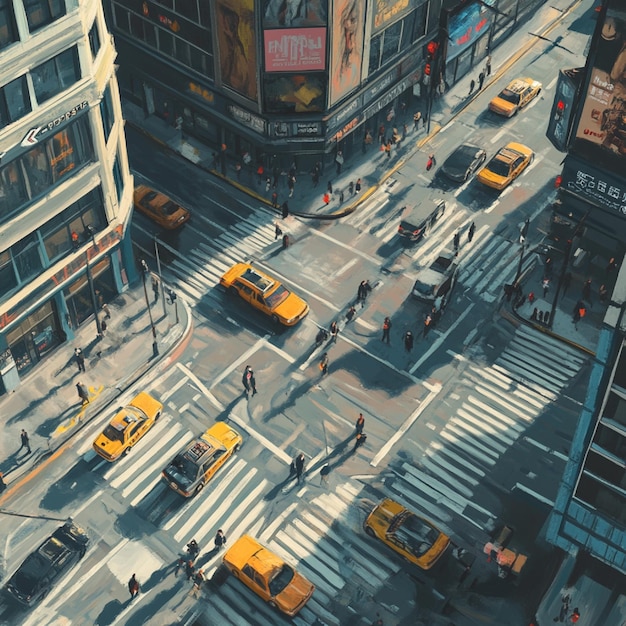 Photo a bustling city intersection with traffic lights vehicles and pedestrians crossing the street