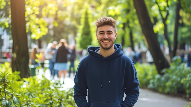 Photo in a bustling city park a charming guy showcases a navy blue hoodie his confident smile contrasting