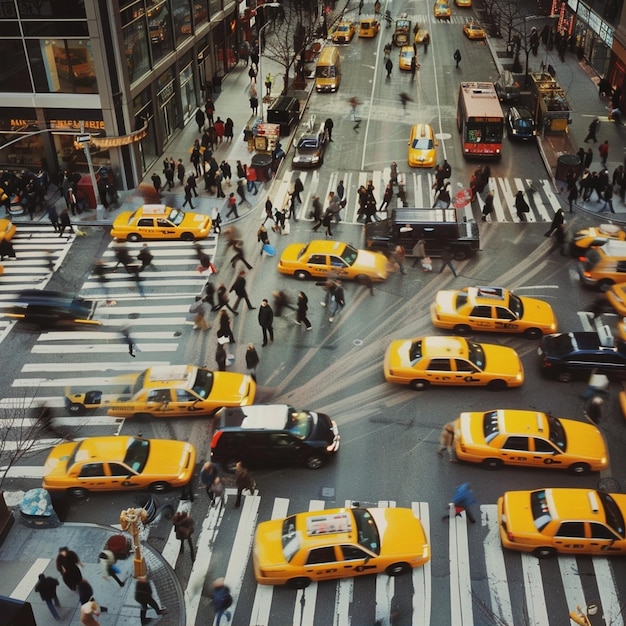 Bustling city scene with taxis and pedestrians navigating the streets