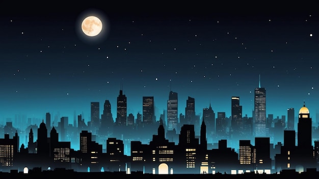 Photo bustling city skyline silhouette with a glowing moon background