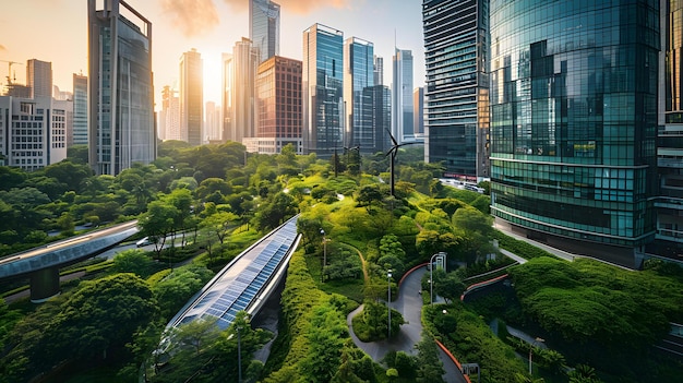 A Bustling City Skyline with Modern Ecofriendly Buildings