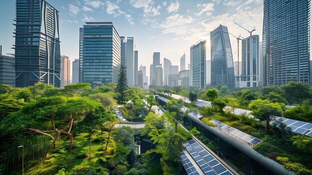 A Bustling City Skyline with Modern Ecofriendly Buildings