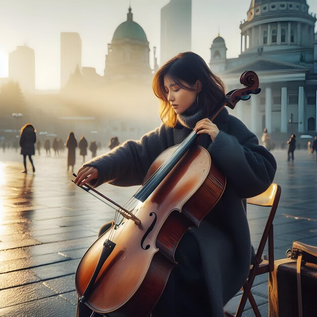 In a bustling city square on a brisk morning a street musician plays the cello with virtuosity the