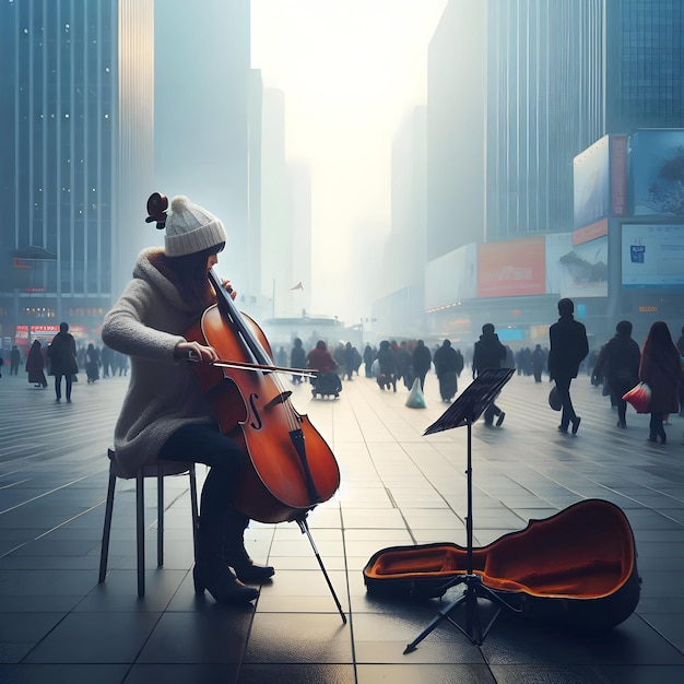 In a bustling city square on a brisk morning a street musician plays the cello with virtuosity the