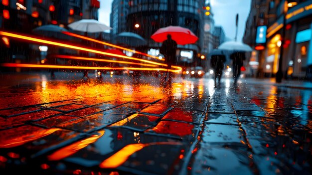 Photo bustling city square in the rain with people rushing under umbrellas